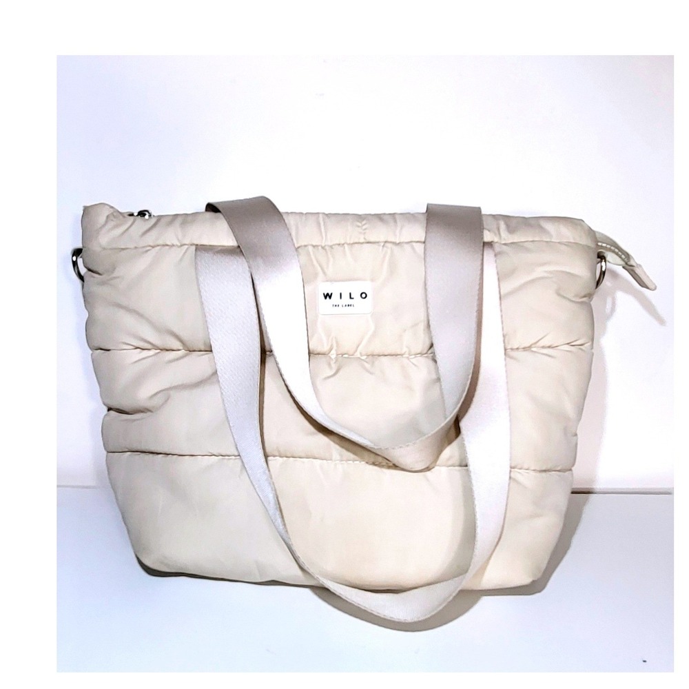 Wilo The Label Womens Puffer Tote Bag Quilted Zip Top Cream Beige OS